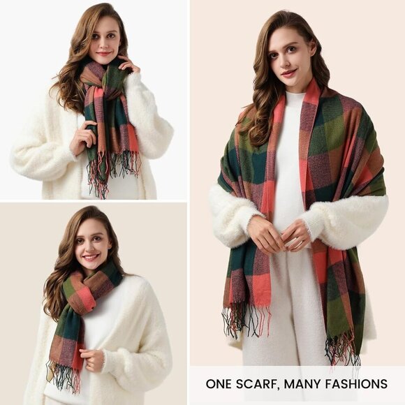 Scarf for Women - Women's Fall Winter Scarfs, Classical Scottish Checked Long Sh - Picture 6 of 9